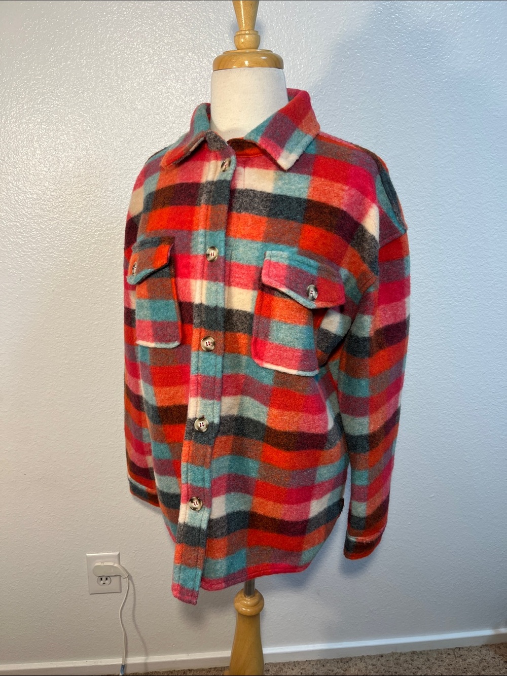 BKE Plaid Knit Fleece Shacket Jacket NWOT Women’s Medium Colorful Plaid - Picture 6 of 10